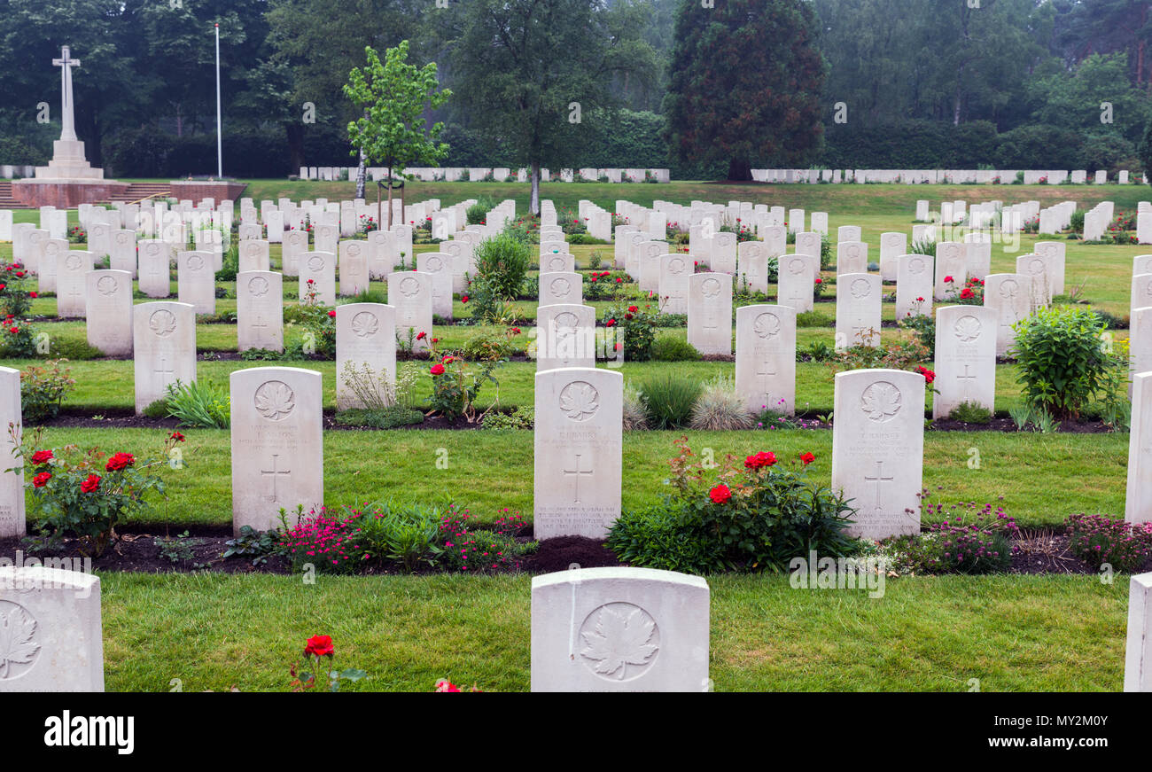 Holten,Netherlands - June 01, 2018: Well maintained graves of fallen canadian soldiers during WW2 on the canadian war cemetary in Holland  Stock Photo
