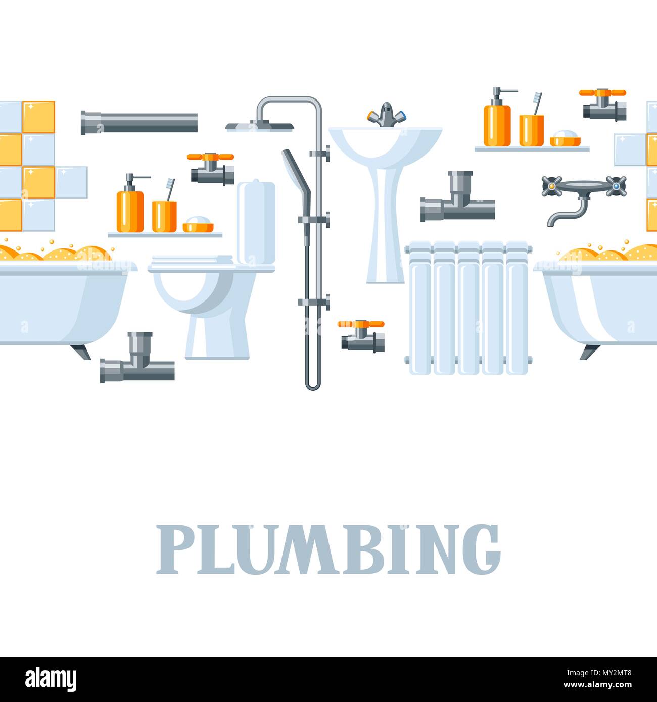 Bathroom interior. Plumbing seamless pattern. Stock Vector