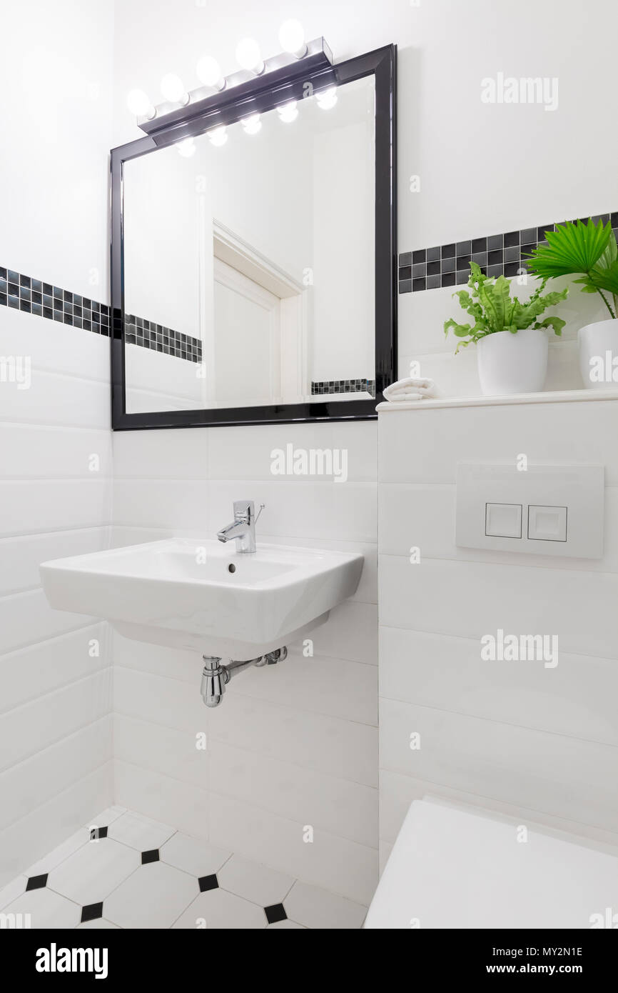 Mirror above washbasin in white and black bathroom interior with plant