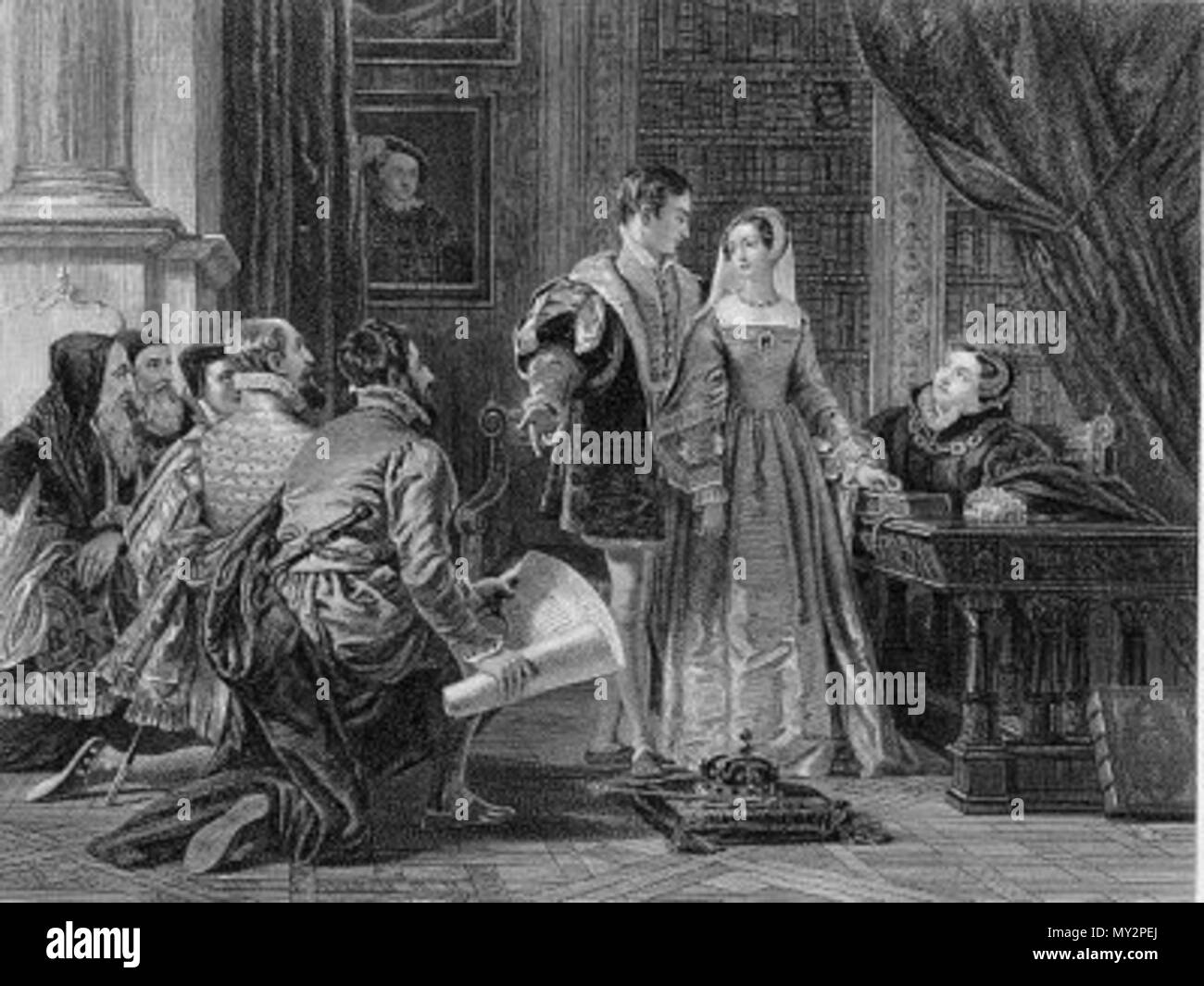 . English: The Crown Offered to Lady Jane Grey. Engraving after Romantic era painter Charles Robert Leslie. circa 1827. after C. R. Leslie 519 The Crown Offered to Lady Jane Grey after Leslie Stock Photo