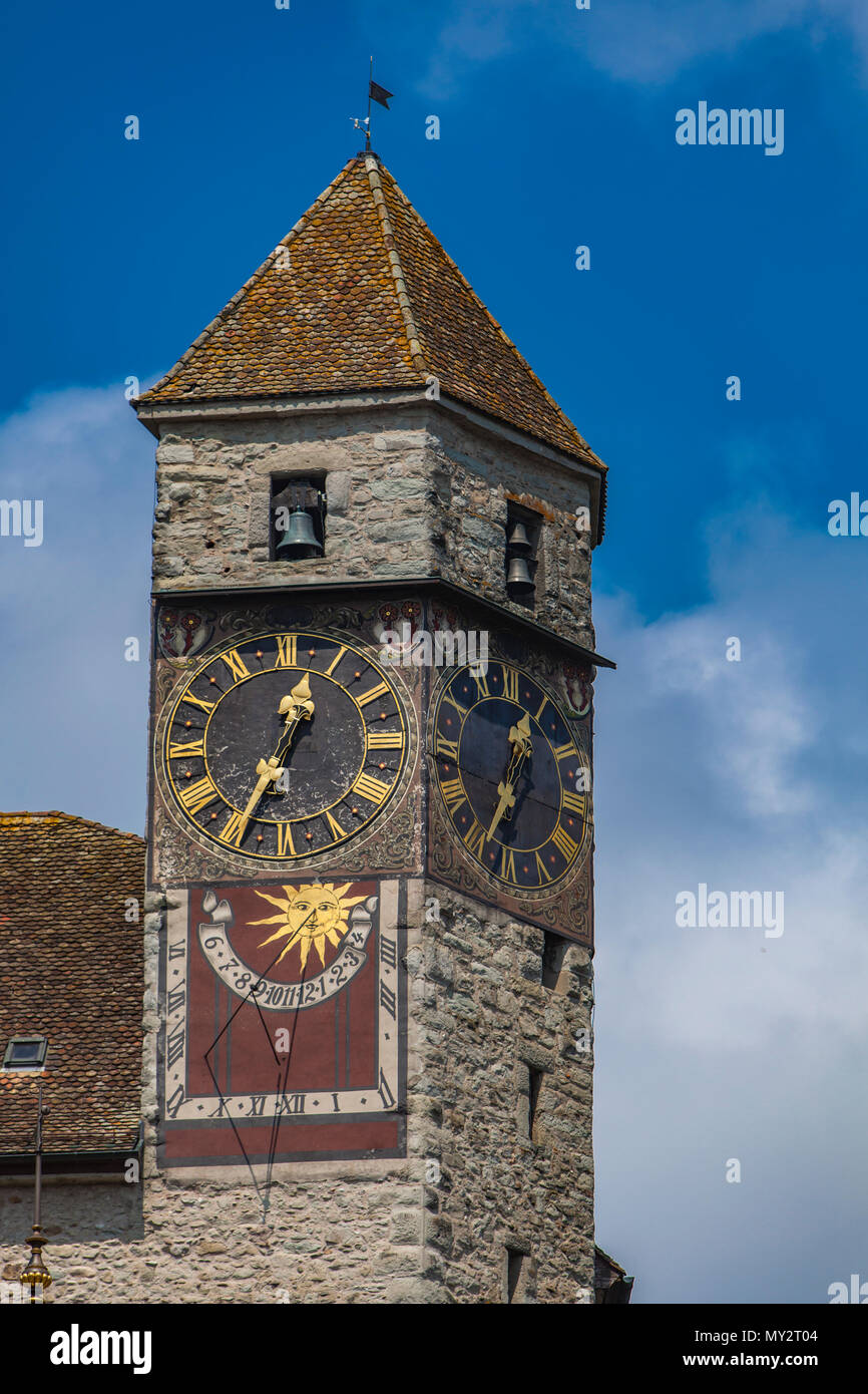 View at old clocktower on Rapperswil castle on Zurich lake in Switzerland Stock Photo