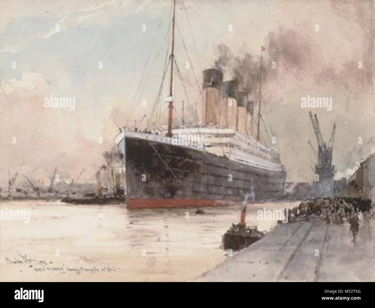 A painting of RMS Titanic (probably at Southampton). 1912. Charles Edward  Dixon (1872-1934) [2] 530 TitanicCharlesDixon2 Stock Photo - Alamy