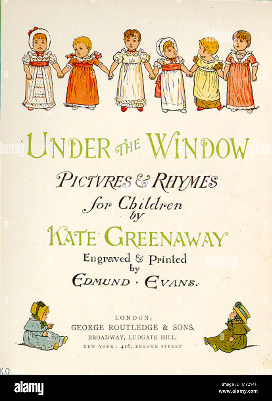 . English: Title page taken from Under the Window: Pictures & Rhymes for Children illustrated by Kate Greenaway, engraved by Edmund Evans. 1879. Edmund Evans/Kate Greenaway 541 Under the Window Stock Photo
