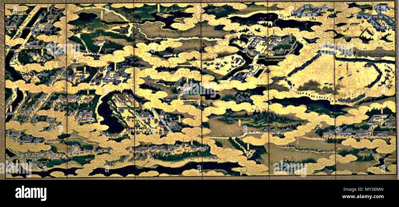 English View Of Edo Right Screen Pair Of Six Panel Folding Screens 17th Century Overall View From Top Left To Bottom Right Koishikawa River Surugadai Kanda River Mito Chunagon Residence Zoshigaya Kishibojin