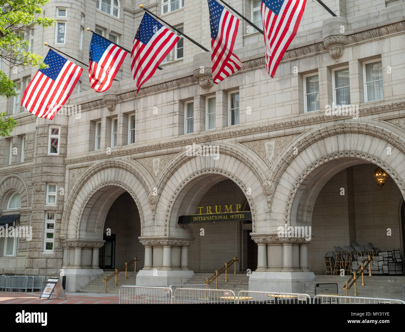 WASHINGTON, DC – MAY 15, 2018: Trump International Hotel Washington, D.C. at the Old Post Office Pavilion in the nation’s capital. Stock Photo