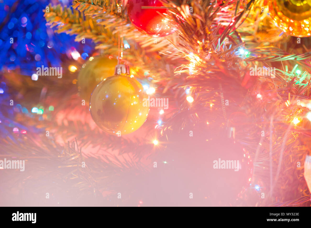 Blurred image. of Christmas-tree decorations, Retro filter effect. Stock Photo