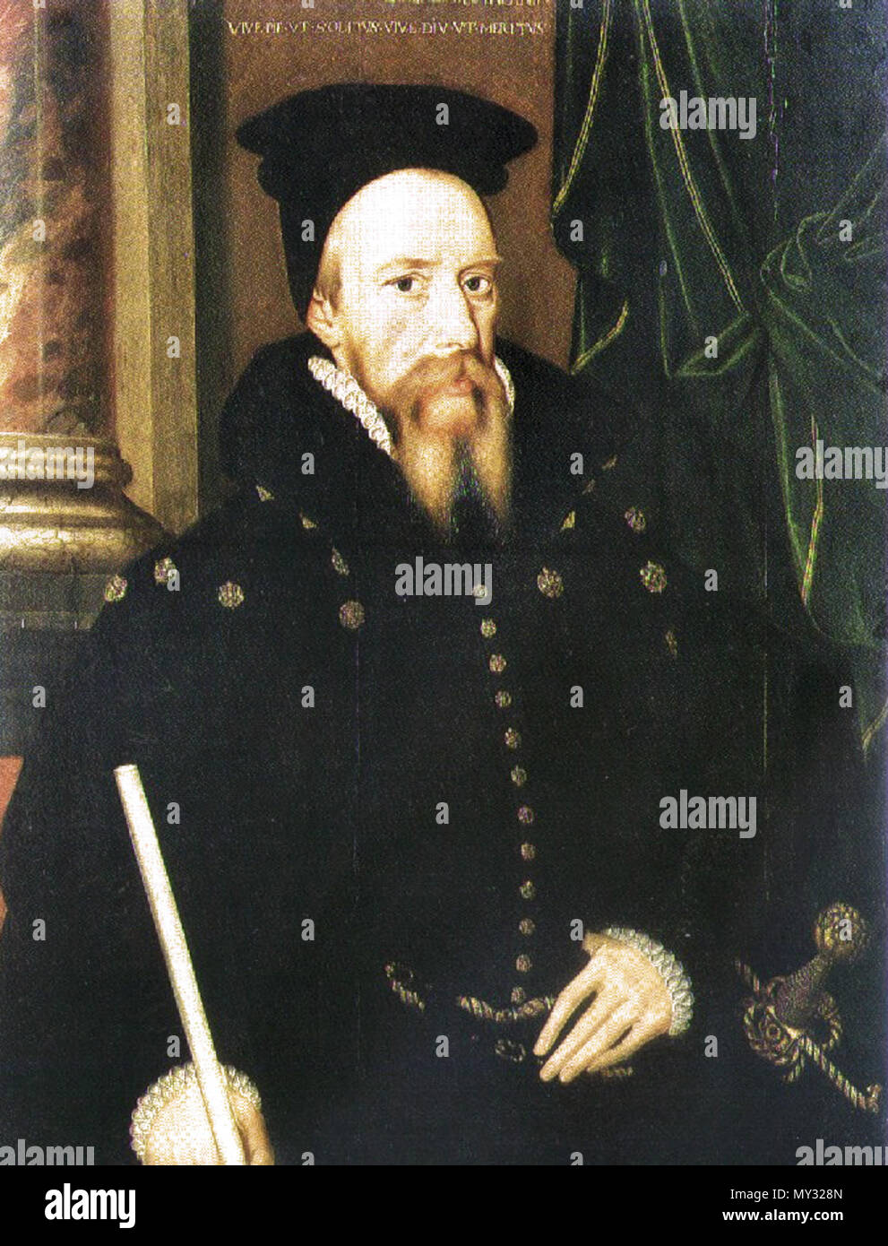 William Cecil, Lord High Treasurer of England, 1st Baron Burghley. One of  many variants of this portrait, in some of which Cecil bears the white  staff of the Lord High Treasurer,