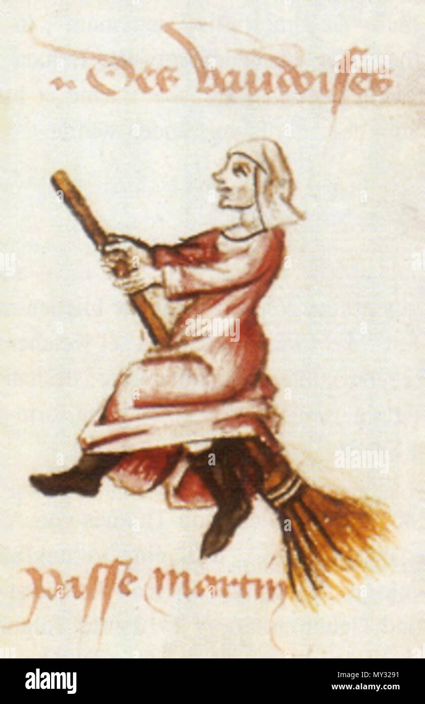 Deutsch: Hexenflug der 'Vaudoises' (hier Hexen, ursprünglich Waldenser) auf  dem Besen, Miniatur in einer Handschrift von Martin Le France, Le champion  des dames, 1451 (.png-Version für künftige Verbesserer ;) English: Flight