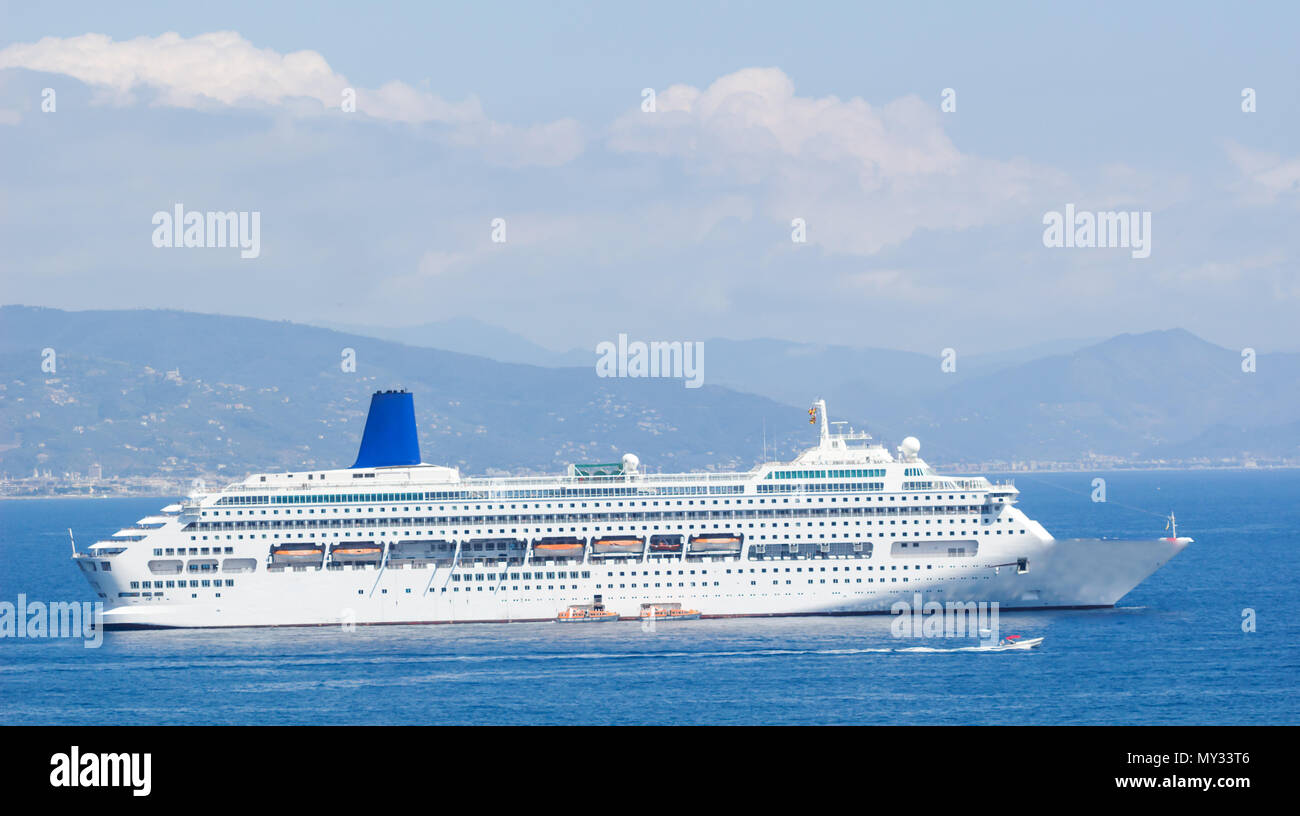 Cruise Ship Sailing from Port. , A large yacht underway sailing out on