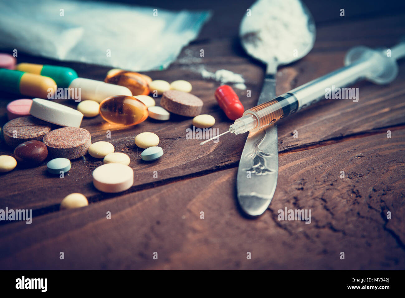 Drug concept. Use illicit Drug abuse .Addiction heroin.Injection, doping.  Opium epidemic. Toning, selective focus Stock Photo - Alamy