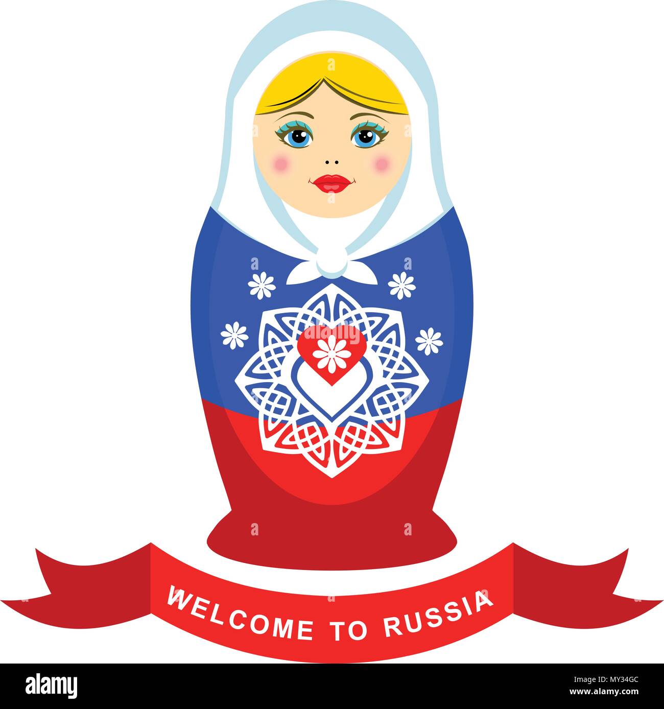Russian nesting doll with ornamental heart element. Colors of Rissian flag. Welcome to Russia. Stock Vector