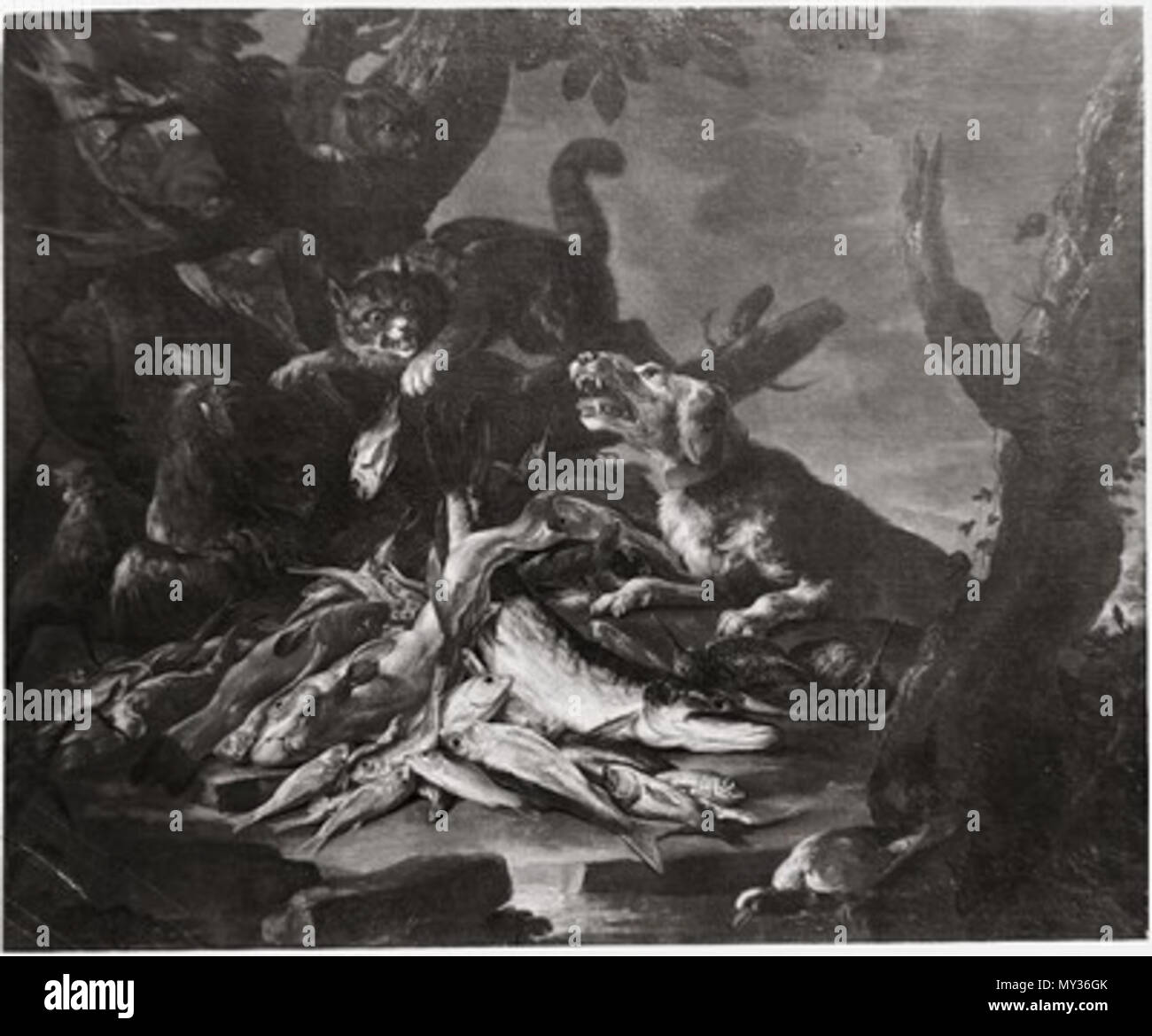 . Q15851270 . Tote Fische von einem Hunde bewacht, Öl auf Leinwand . wohl 17. Jh. (datiert mit 1620). signiert mit F. Snijders, aber wohl von einem anderen Maler 533 Tote Fische von einem Hunde bewacht Stock Photo