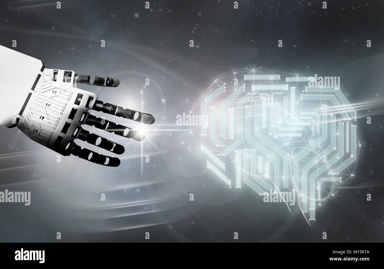 Robot hand reaching towards circuit brain Stock Photo