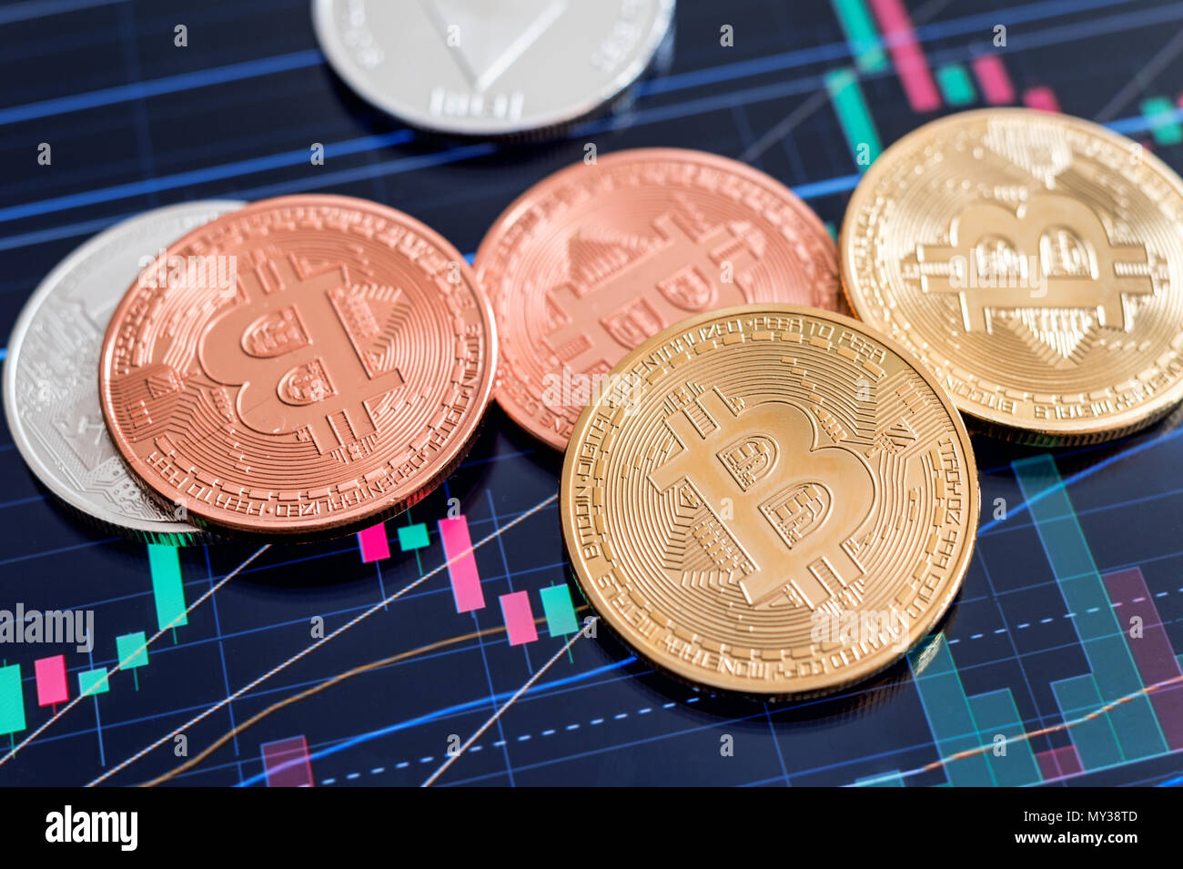 Cryptocurrency Bitcoin coins over tablet screen showing candlestick chart. Stock Photo