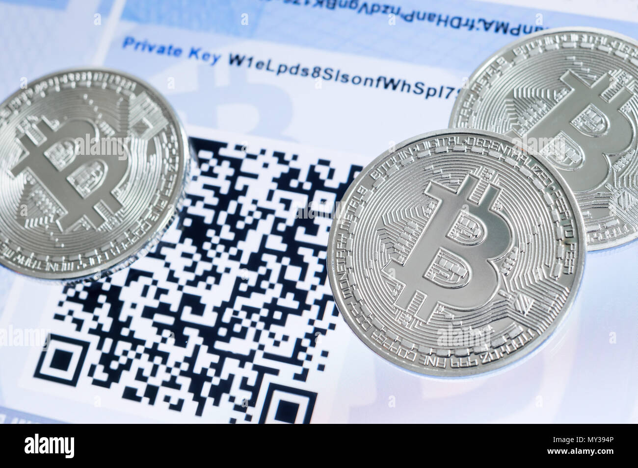 Cryptocurrency Bitcoin metallic coins, QR code and paper wallet Stock Photo  - Alamy