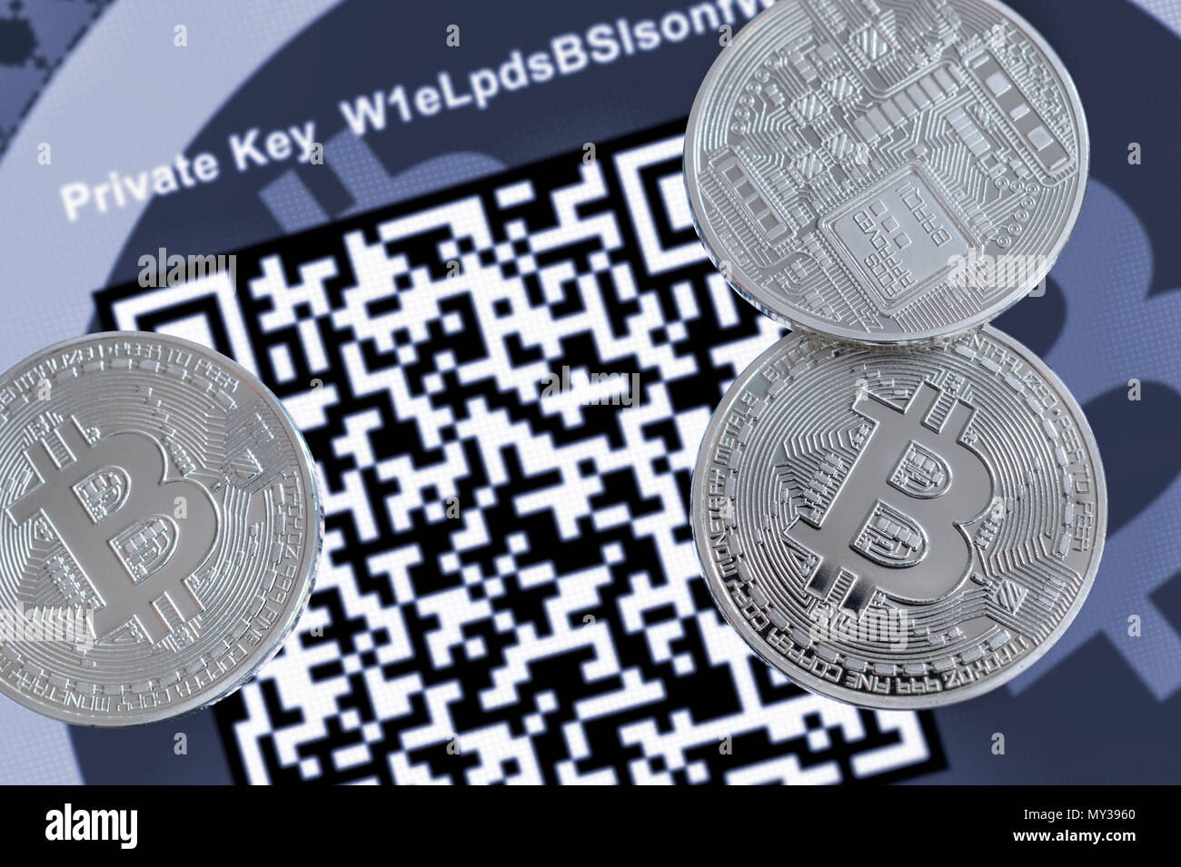 Cryptocurrency Bitcoin metallic coins, QR code and paper wallet Stock Photo  - Alamy