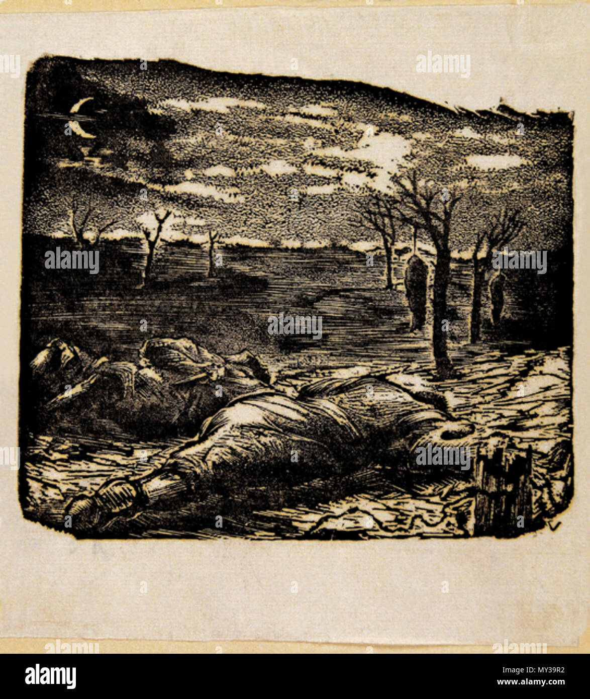. English: Wan Tisi,Would Like to Die In Wildness,1940,10.6×12.1cm,black-white woodblock . 1940. Wan Tisi 557 WanTisi Stock Photo