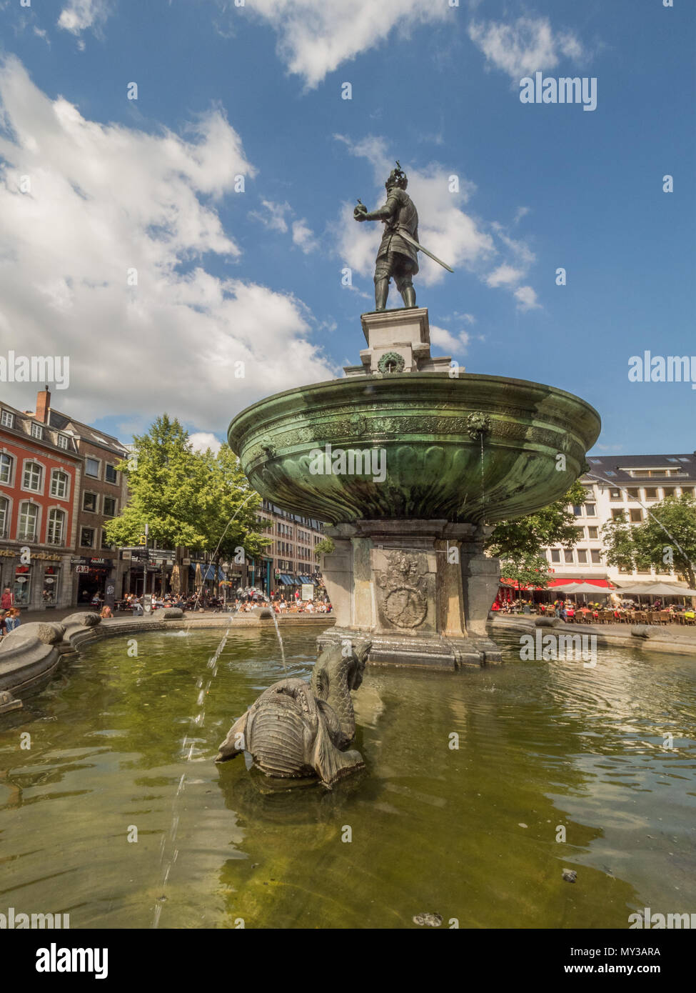 AACHEN, GERMANY - MAY 31, 2018. Market Square (Marktplatz) with old fountain, medieval buildings and people Stock Photo