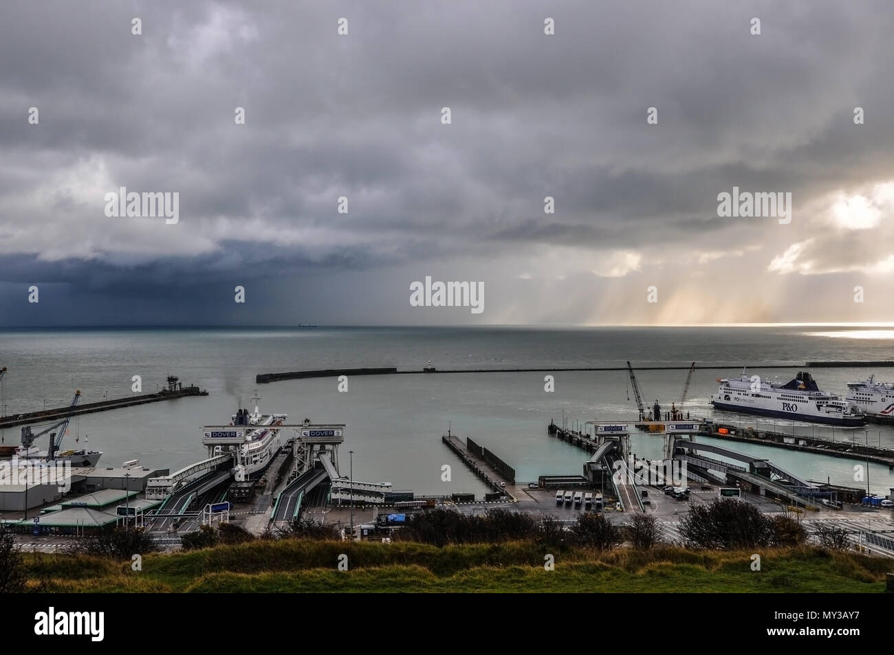 Bad weather over the English Channel and Port of Dover. Extreme weather