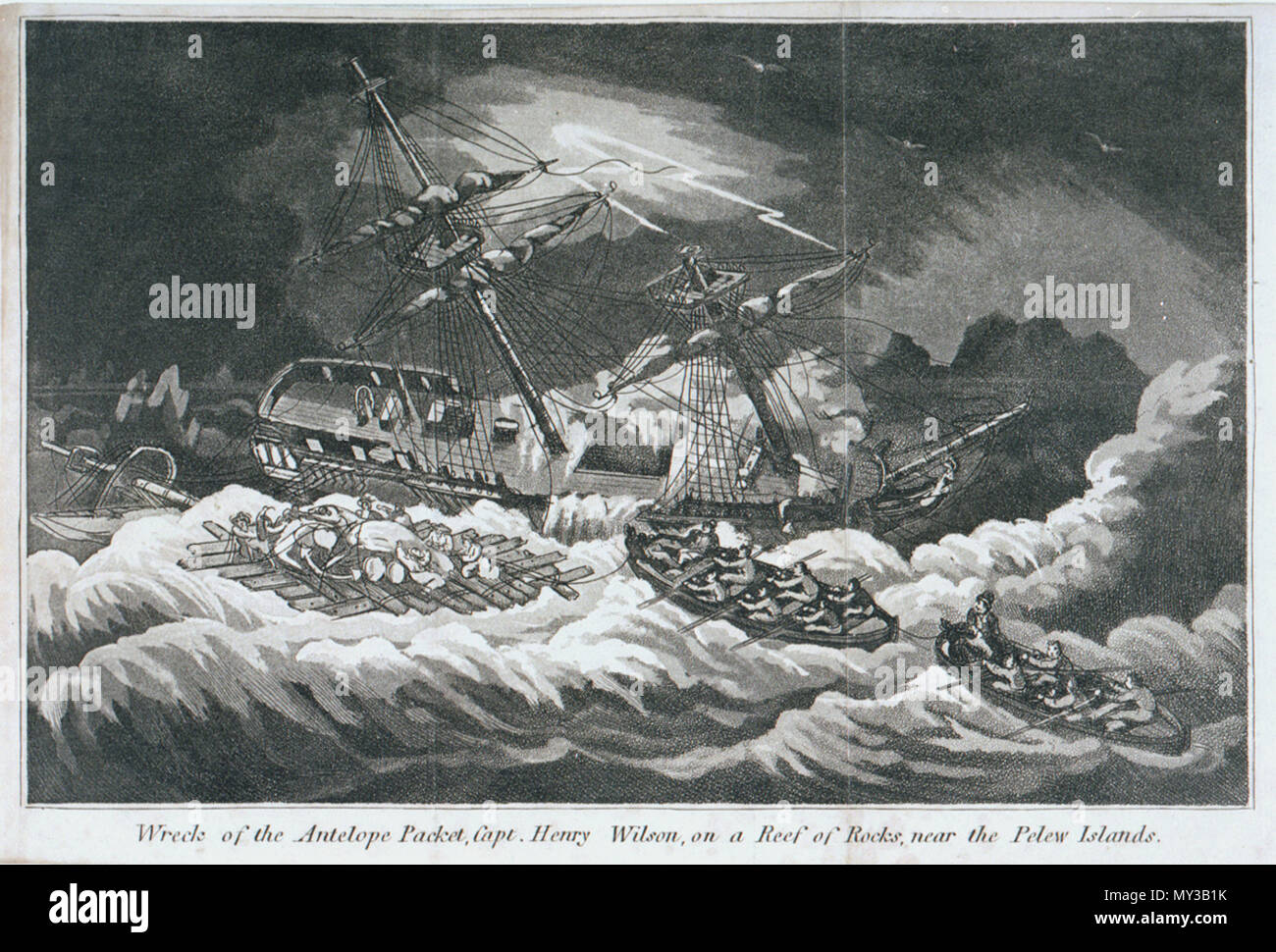 . English: aquatint; 174 mm x 259 mm . circa 1800. Thomas Tegg 568 Wreck of the Antelope Stock Photo