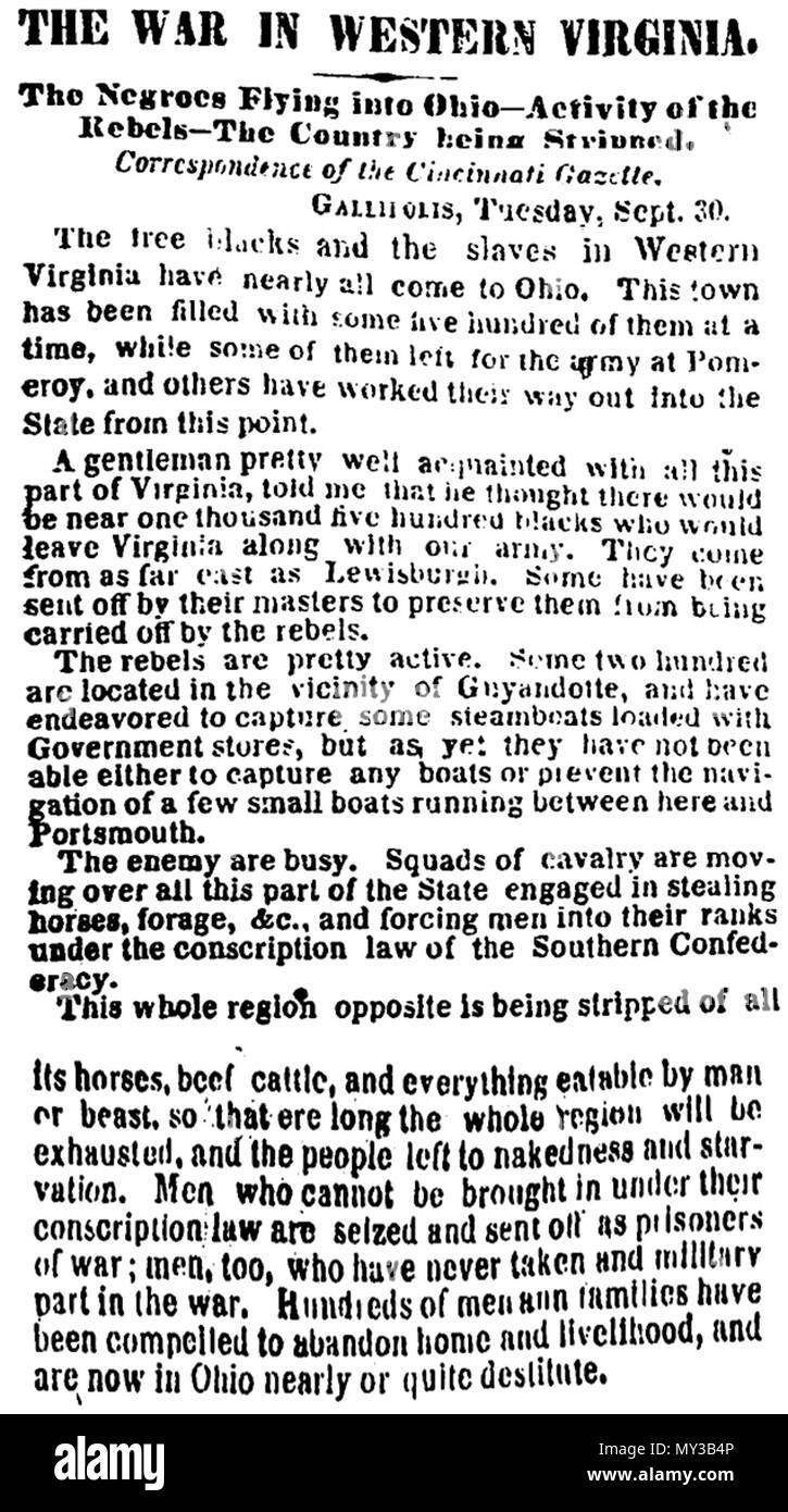 . English: newspaper article from New York Times, October 6, 1861, slaves fleeing western (West) Virginia . 6 October 1862. Anonymous 569 WVslaveNYTimes Stock Photo