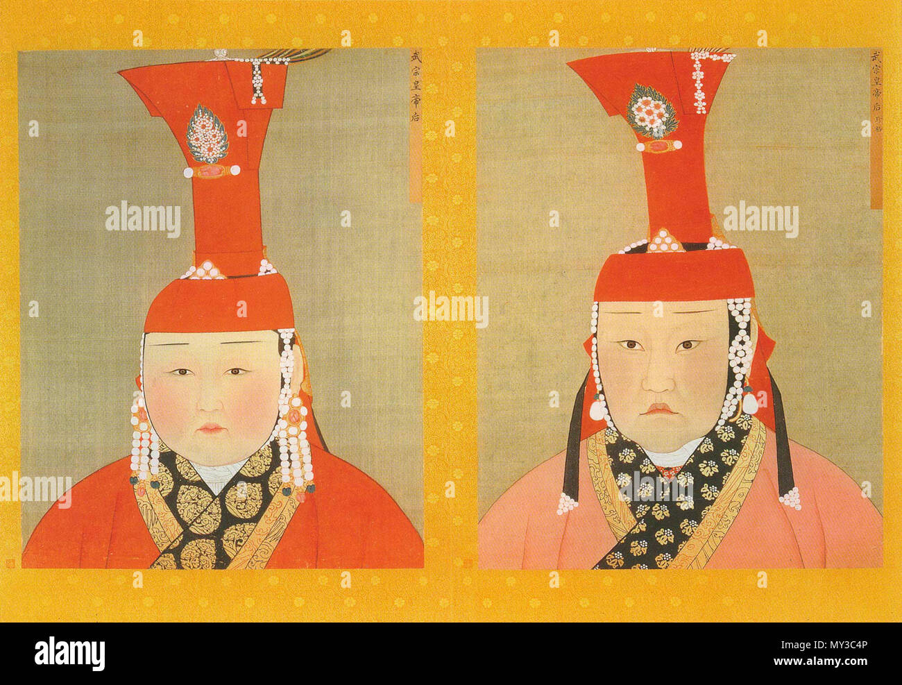 . Zhenge (right) and another, unnamed, wife (left) of Qaishan (a.k.a. Wuzong). Paint and ink on silk. Page from an album depicting several consorts of Yuan emperors (Yuandai dihou banshenxiang), now located in the National Palace Museum in Taipei (inv. nr. zhonghua 000325). Original size is 114.7 cm wide and 76 cm high. For the portraits cropped out, see Image:YuanEmpressAlbumZhenge.jpg and Image:YuanEmpressAlbumAWifeOfQaishan.jpg. Note: The description in the source (Dschingis Khan und seine Erben) at p. 303 seems to confuse this image and Image:YuanEmpressAlbumJiyatuAndAWifeOfAyurbarvada.jpg Stock Photo