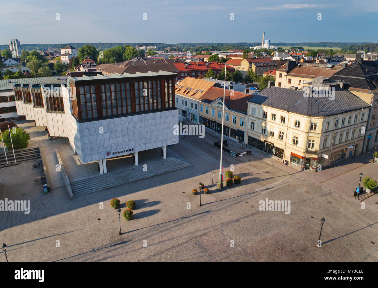 Nykoping, Sweden - June 3, 2018: Aerial view of the Nykoping city hall located at the town square. Stock Photo