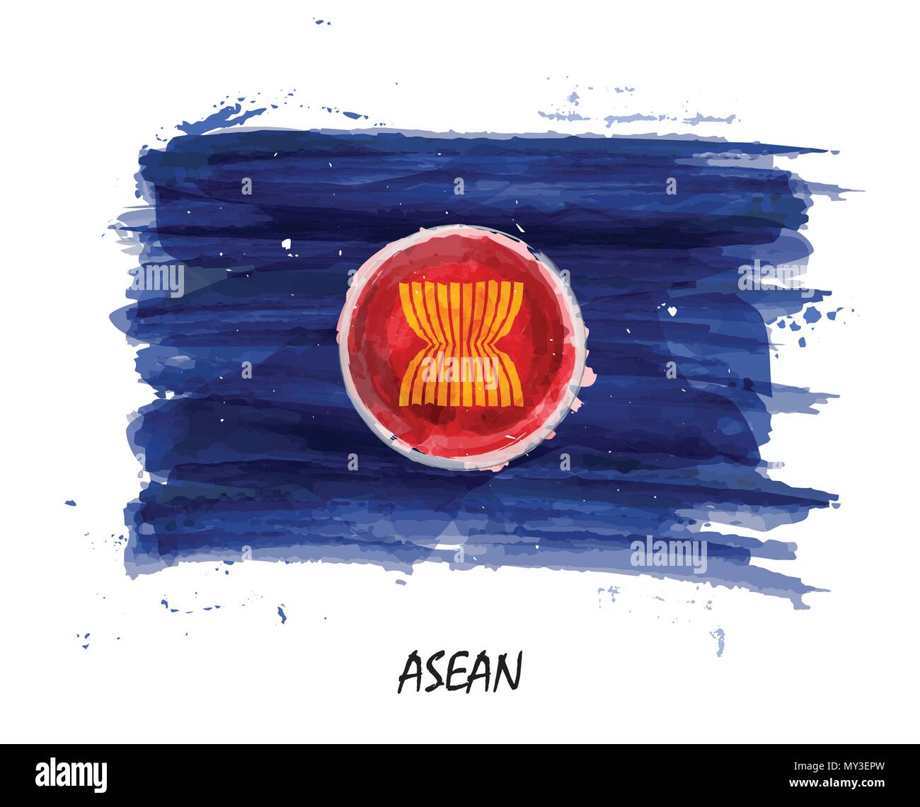 Realistic watercolor painting flag of ASEAN ( Association of Southeast Asian Nations ) . Vector . Stock Vector