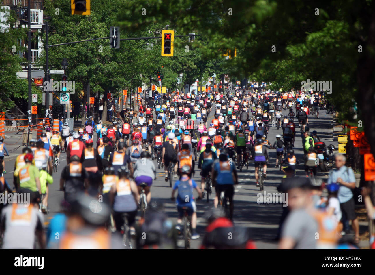 Montreal,Canada,3 June,2018.Cyclists going down Ave du Parc in the Tour