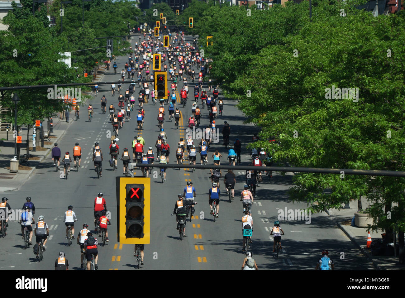 Montreal,Canada,3 June,2018.Cyclists going down Ave du Parc in the Tour