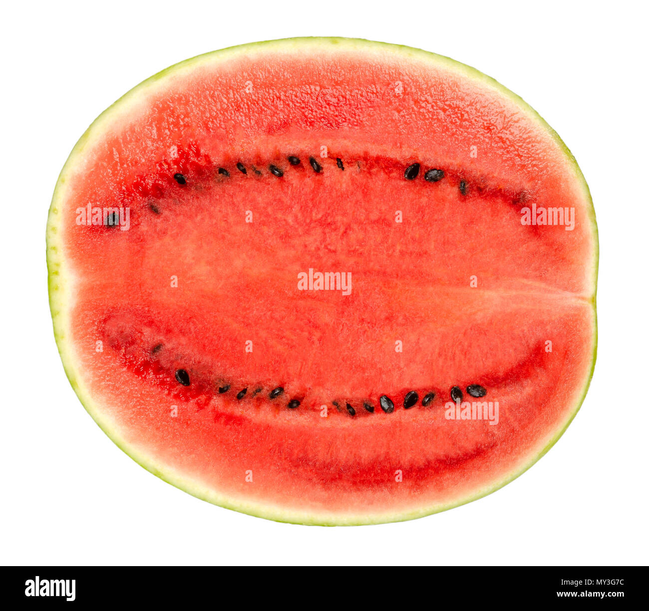 Sweet watermelon half, cross section, front view, isolated on white background. Ripe fruit of Citrullus lanatus with green striped skin, red pulp. Stock Photo