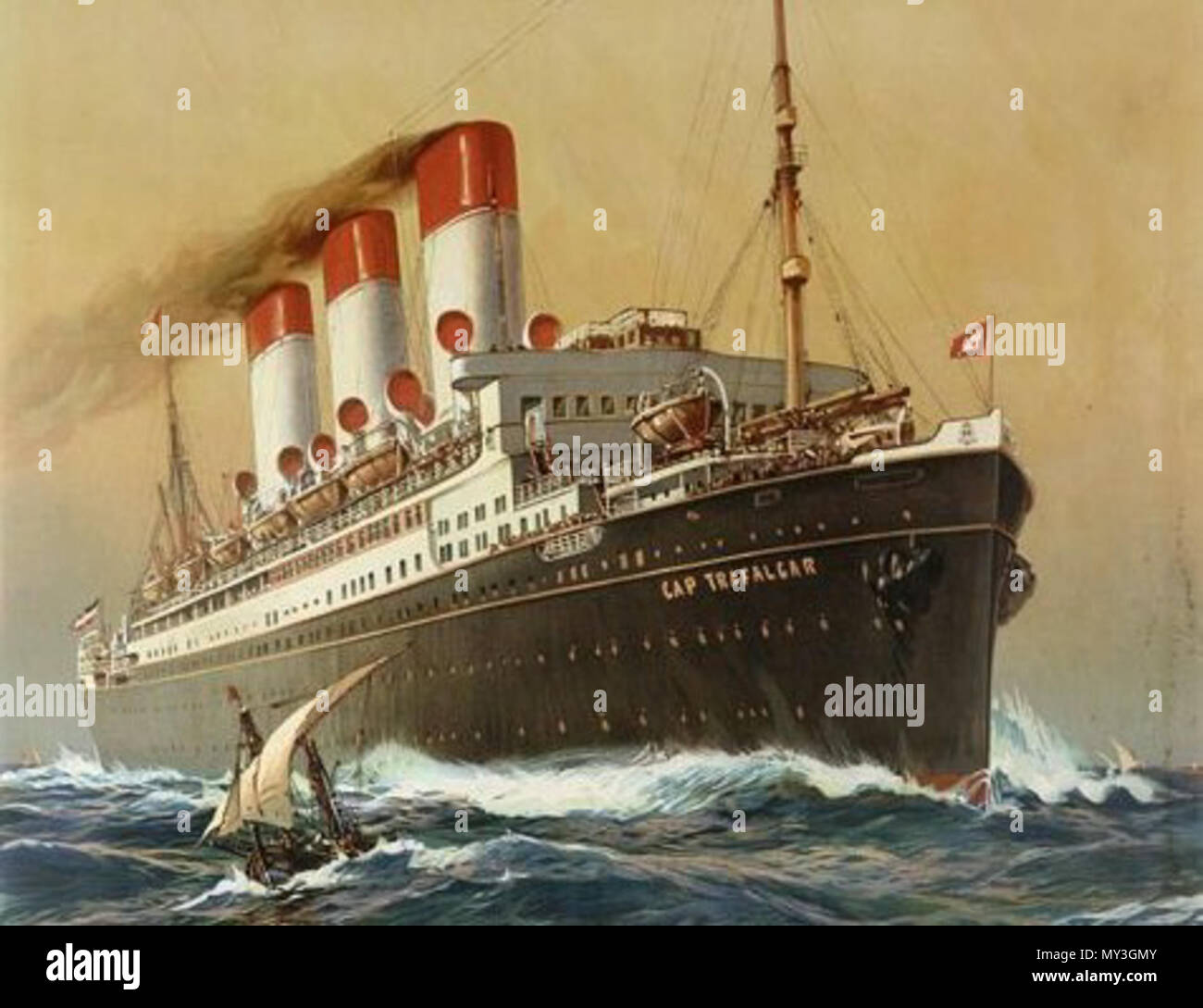 . Deutsch: SMS Cap Trafalgar English: Poster of the Cap Trafagar. Note that the '1899' in this filename is potentially misleading as the ship was built in 1913, with maiden voyage in 1914. . Willy Stöwer (1864-1931) 96 Cap Trafalgar 1899 Stock Photo