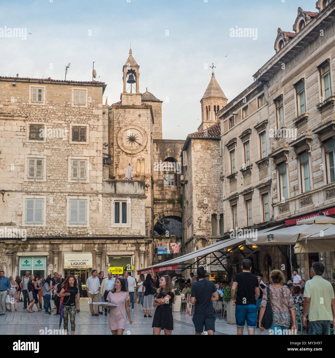 Split Old Town Main Square, Croatia. The far end is part of Diocletian's Palace. Diocletian was a Roman Emperor from 284 to 305 AD. Stock Photo