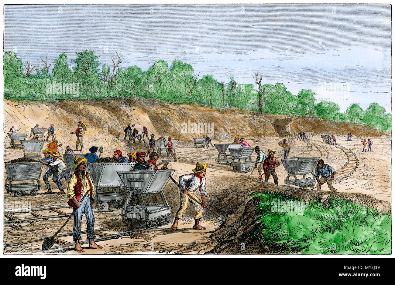 French using native workers to divert the Chagres River for a Panama Canal, 1880s. Hand-colored woodcut Stock Photo