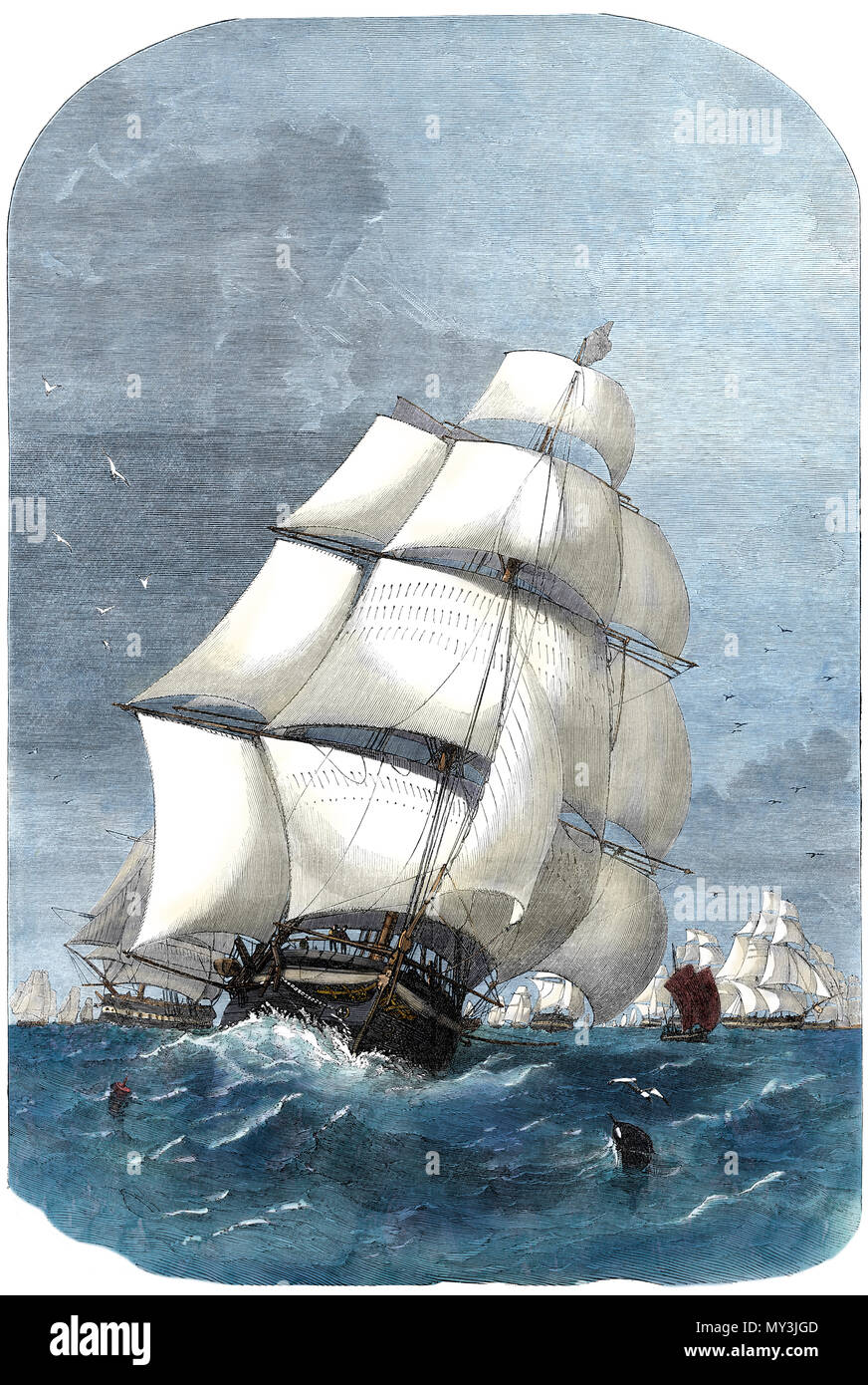 British merchant clipper making for the Thames, late 1850s. Digitally colored woodcut Stock Photo