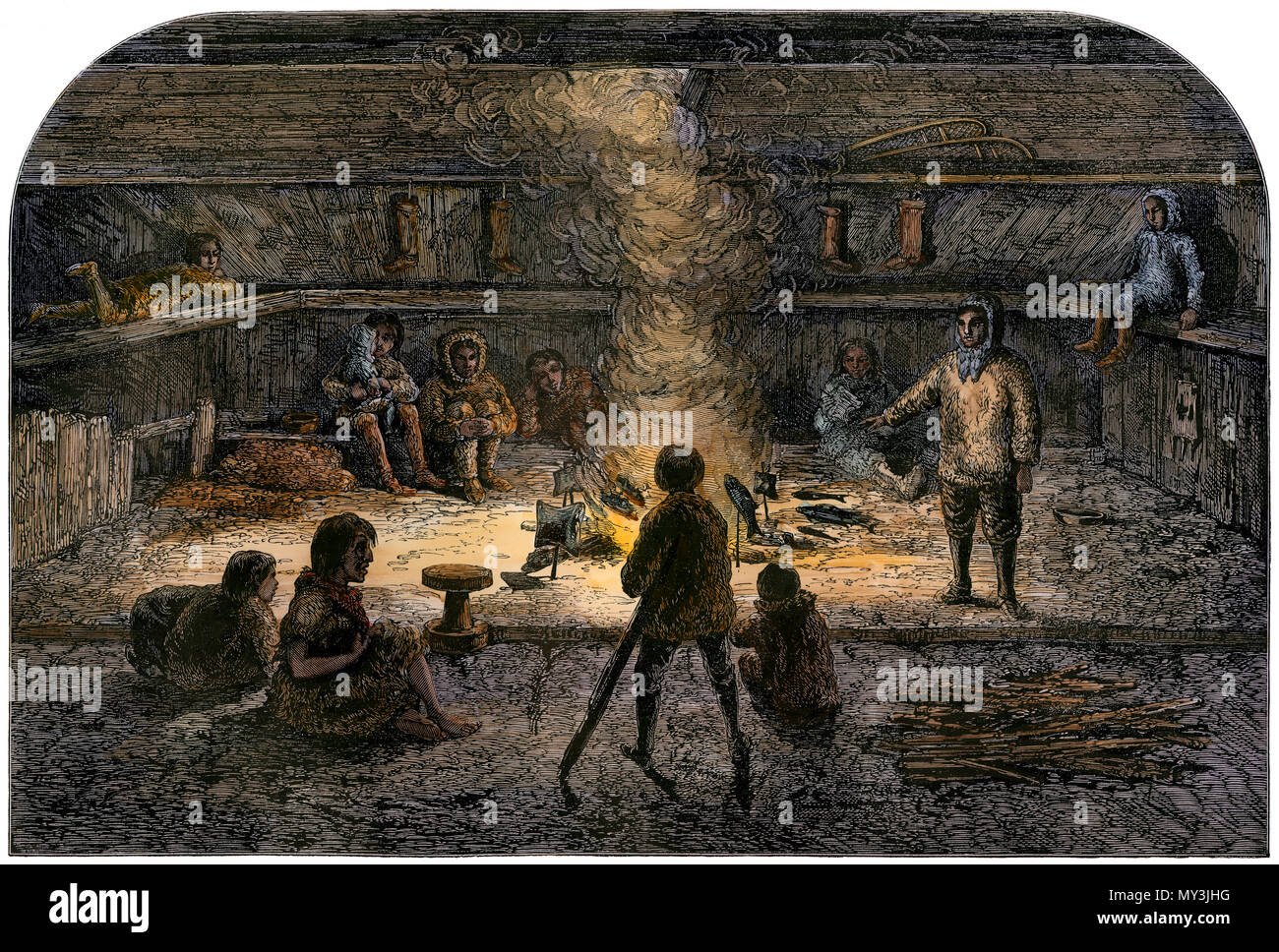 Interior of a native home on the Unalakleet River, Norton Sound, Alaska, 1860s. Hand-colored woodcut Stock Photo