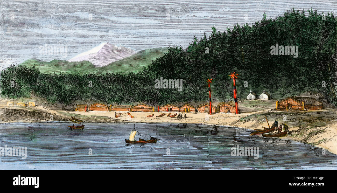 Tlingit native village at Wrangell, Alaska, 1870. Hand-colored woodcut Stock Photo