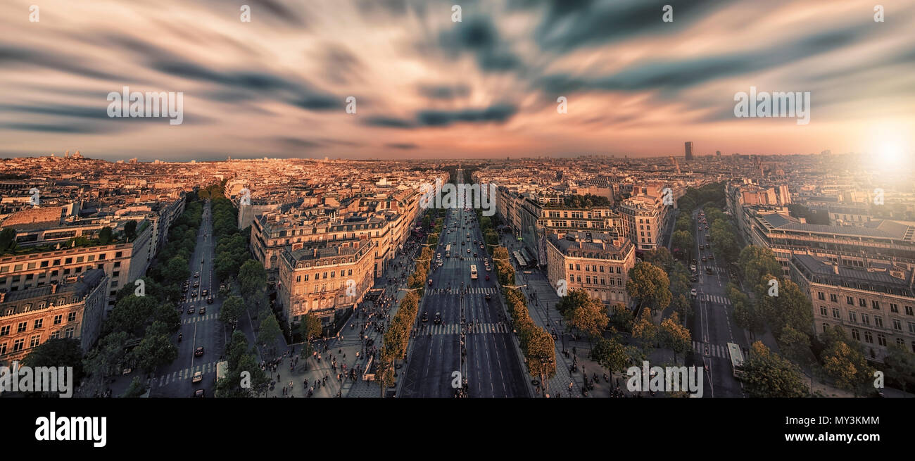 Champs-Elysees avenue at sunset in Paris, France Stock Photo