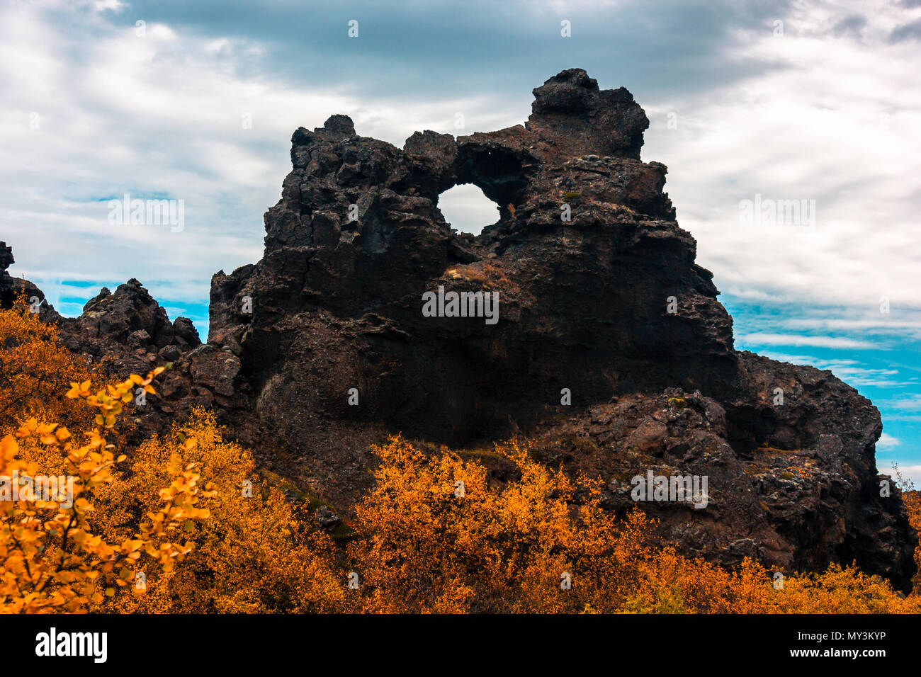 Dimmuborgir lava fields near Lake Myvatn in the north of Iceland Stock Photo