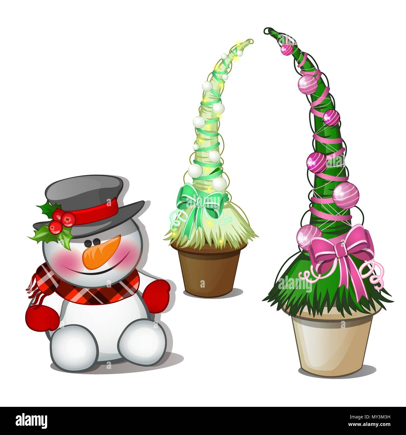 Snowman in black top hat and topiary in the form of a cone Christmas tree with balls. Sketch for greeting card, festive poster or party invitations.The attributes of Christmas and New year. Vector. Stock Vector