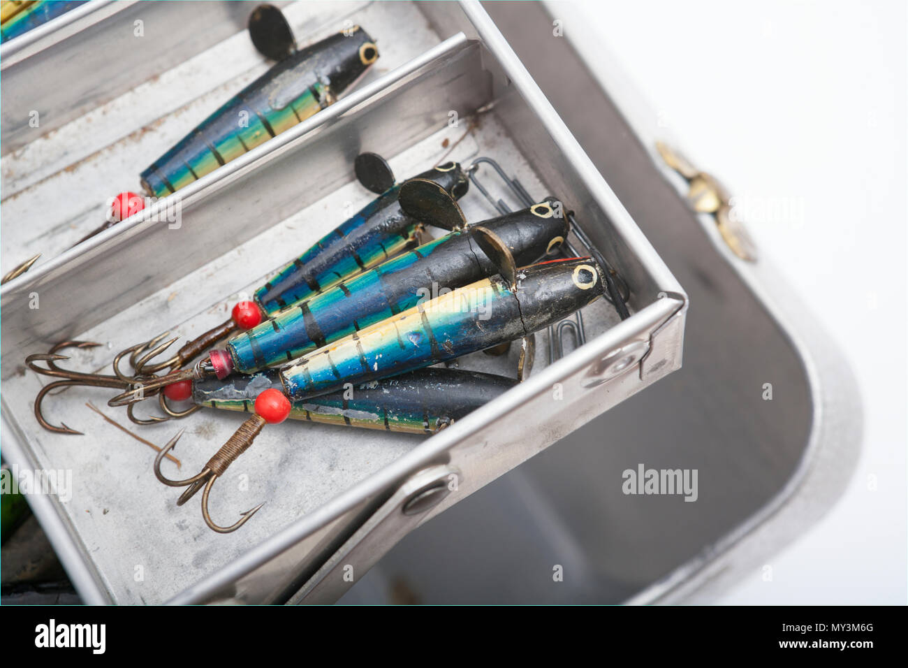 An old metal fishing tackle box marked Pal-O-Mine, containing old Devon  Minnow lures. From a vintage fishing tackle collection. Dorset England UK  GB Stock Photo - Alamy
