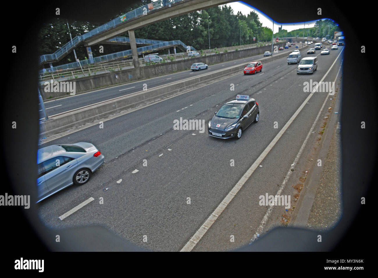 A learner driver seen om the M32 outbound of Bristol using the Motorway for the First Time Ever allowed in the UK. The driver has to be fully supervis Stock Photo