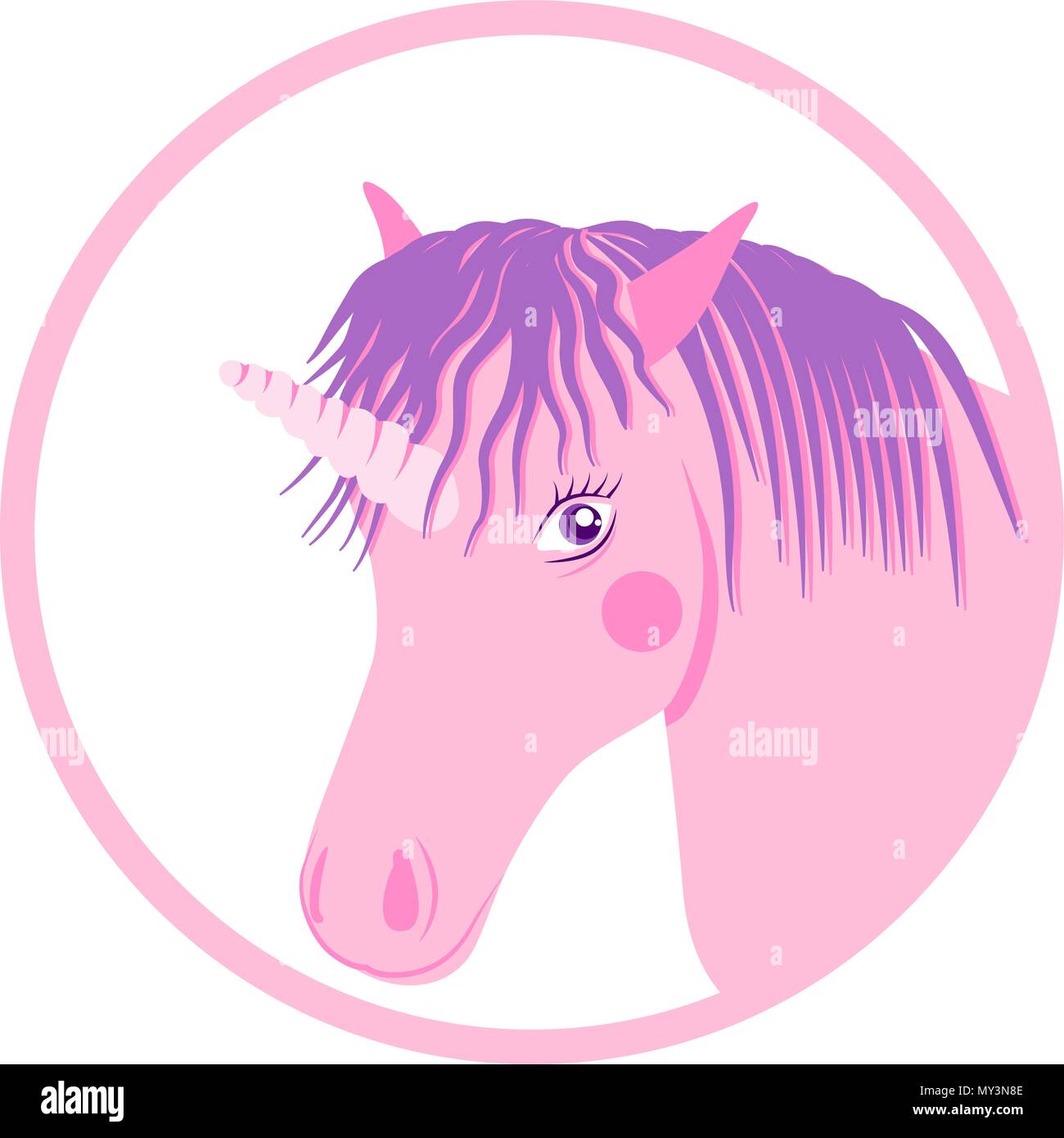 Pink baby unicorn horse head with violet mane vector illustration. Stock Vector