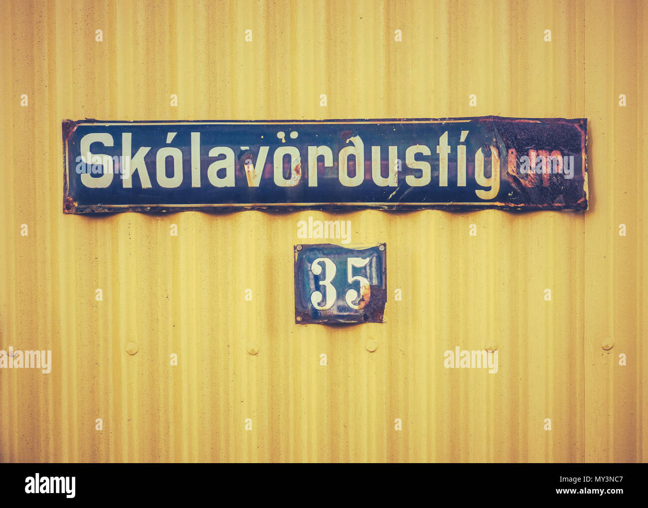 A Rustic Street Sign In Reykjavik Iceland Stock Photo