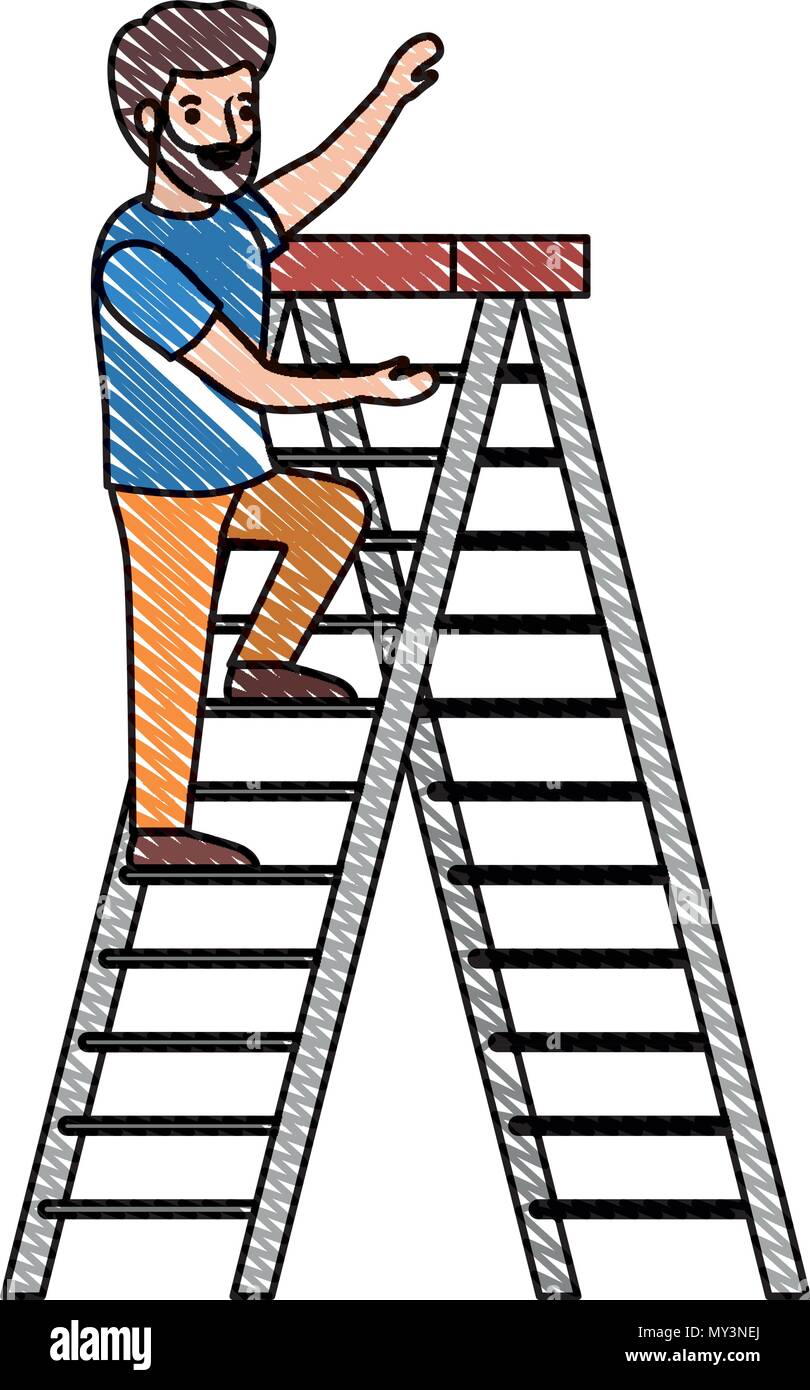 Cartoon Illustration Man Climbing Ladder High Resolution Stock