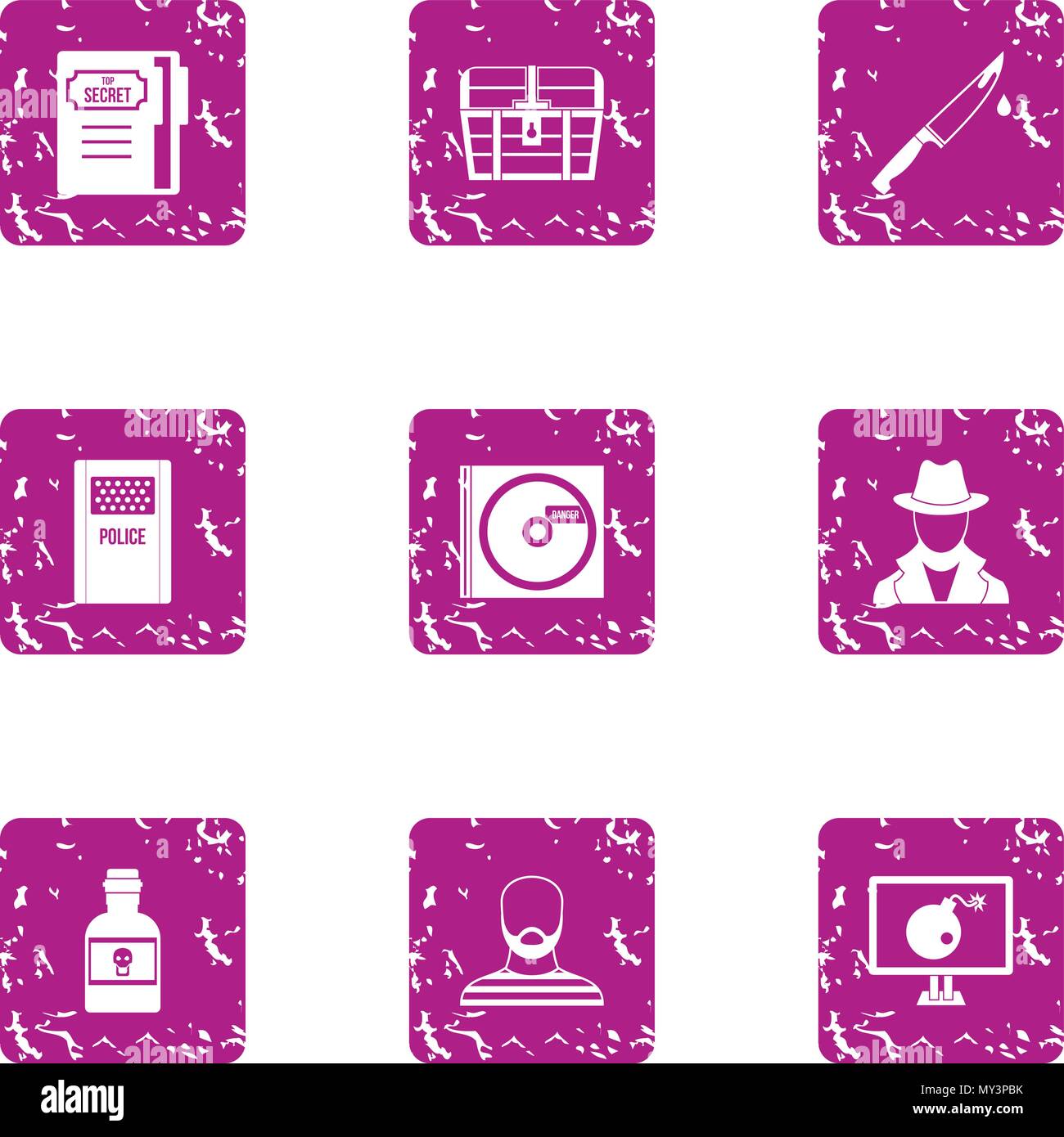 Surveillance icons set, grunge style Stock Vector