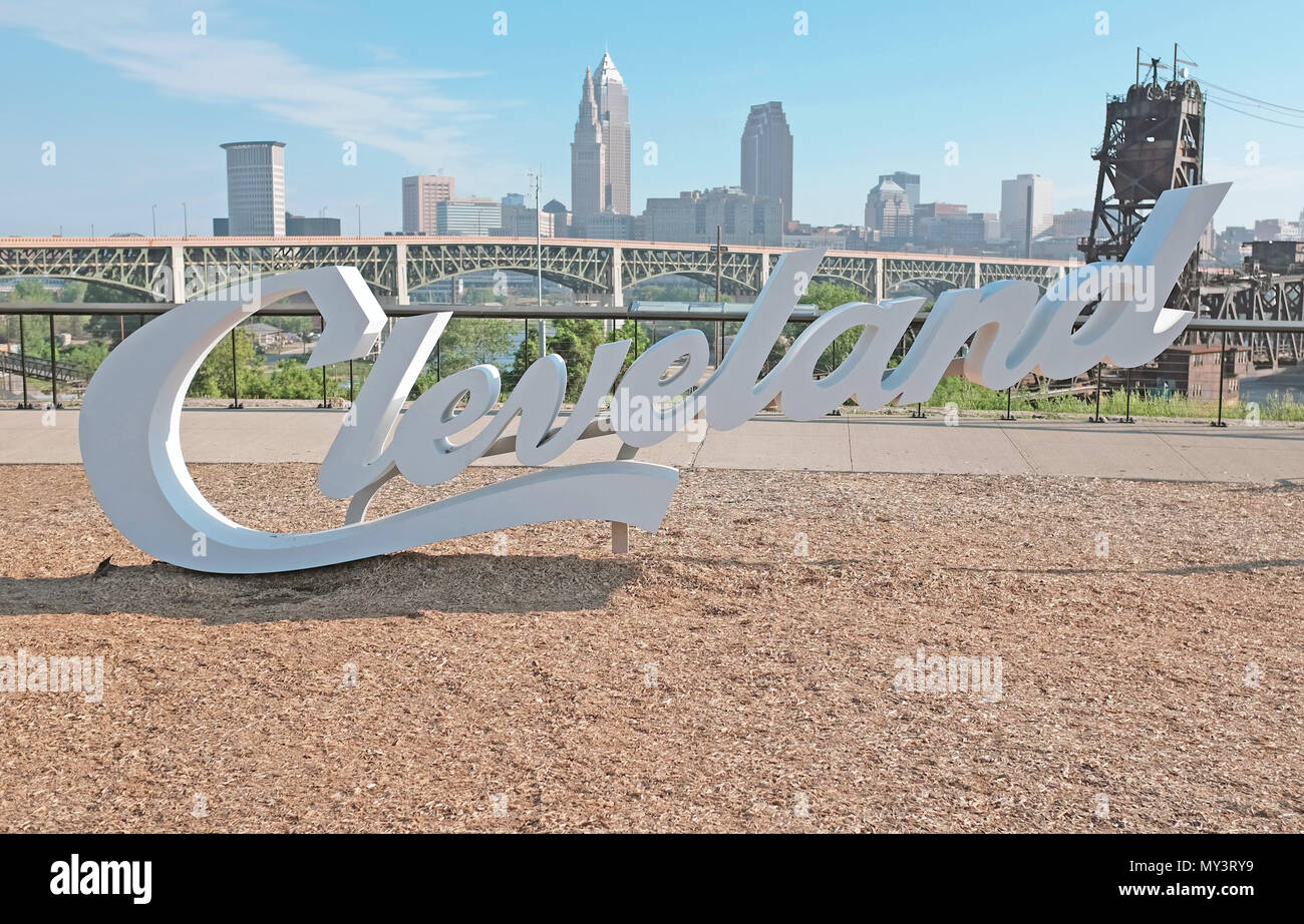 Cleveland script and the city skyline viewed from Tremont, a neighborhood in Cleveland, Ohio, USA Stock Photo