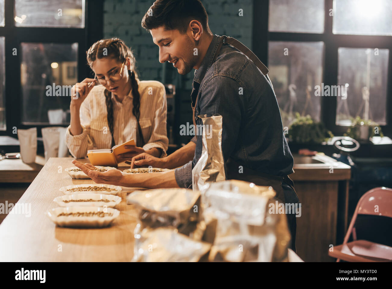 coffee shop workers checking coffee quality during coffee food function