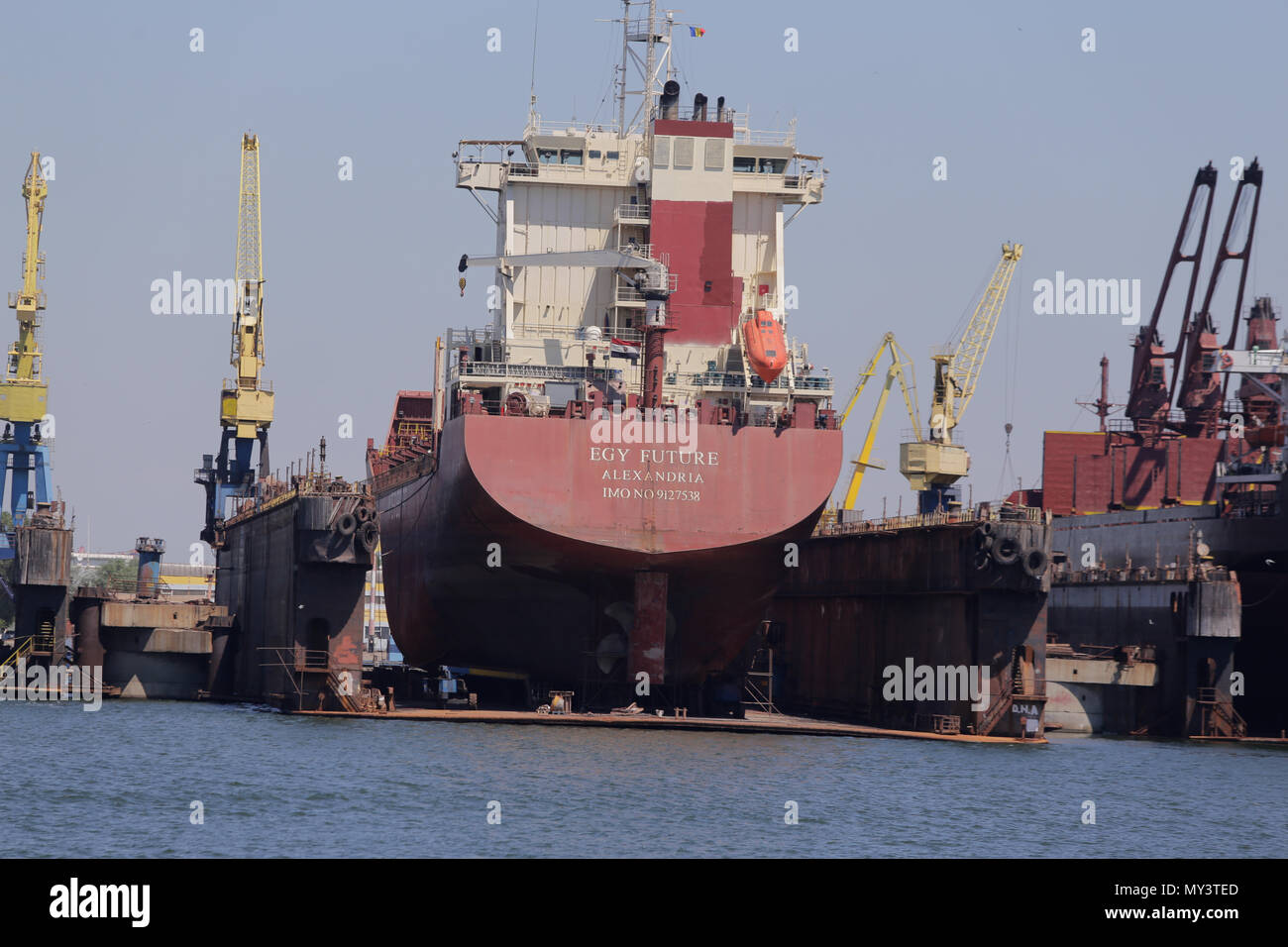 CONSTANTA, ROMANIA - MAY 19, 2018: Old ship dismantling docks Stock Photo