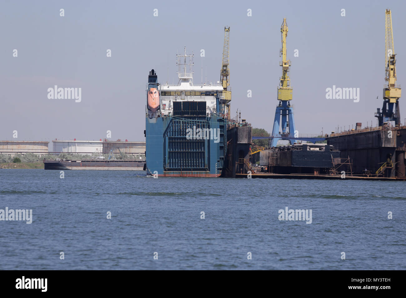 CONSTANTA, ROMANIA - MAY 19, 2018: Old ship dismantling docks Stock Photo